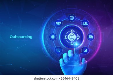 Outsourcing and HR. Social network and global recruitment. Global Recruitment Business and internet concept on virtual screen. Hand touching digital interface. Vector illustration.