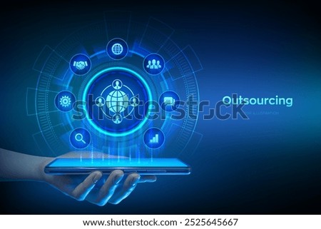 Outsourcing and HR. Social network and global recruitment. Global Recruitment Business and internet concept on virtual screen. Smartphone in hand. Using smartphone. Vector illustration.