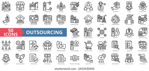 Conjunto de colecciones de iconos de externalización. Contiene el icono del proveedor, offshore, offsourcing, insourcing, trabajo remoto, tercero, centro de llamadas. Vector de línea simple.