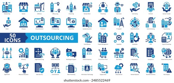 Outsourcing icon collection set. Containing vendor, offshore, off sourcing, insourcing, remote work, third party, call center icon. Simple flat vector.