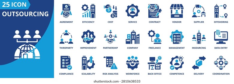 outsourcing icon set collection in solid glyph dual color style. pack contain agreement, thirdparty, compliance, scalability, improvement, efficiency, cost, partnership, risk analysis, service icon
