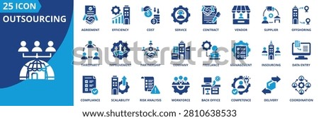 outsourcing icon set collection in solid glyph dual color style. pack contain agreement, thirdparty, compliance, scalability, improvement, efficiency, cost, partnership, risk analysis, service icon