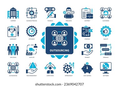 Outsourcing icon set. Company, Contract, Risk Management, Freelance, Improvement, Efficiency, Cost Savings, Business Process. Duotone color solid icons