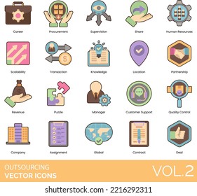 Outsourcing Icons including Agency, Allocation, Assignment, Automation, Autonomy, Practice, Briefing, Career, Efficiency, Outsourcing, Process, Procurement, Production, Professional, Resume, Revenue 