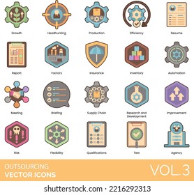 Outsourcing Icons including Agency, Allocation, Assignment, Automation, Autonomy, Practice, Briefing, Career, Efficiency, Outsourcing, Process, Procurement, Production, Professional, Resume, Revenue 