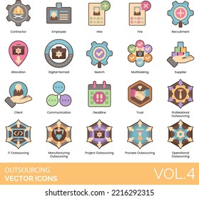 Outsourcing Icons including Agency, Allocation, Assignment, Automation, Autonomy, Practice, Briefing, Career, Efficiency, Outsourcing, Process, Procurement, Production, Professional, Resume, Revenue 