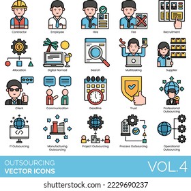 Outsourcing Icons including Agency, Allocation, Assignment, Automation, Autonomy, Best Practice, Briefing, Career, Client, Communication, Company, Competence, Contract, Contractor, Cost, Customer