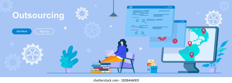 Outsourcing landing page with people characters. Remote workforce web banner. Outsourcing software development service vector illustration. Flat concept great for social media promotional materials.