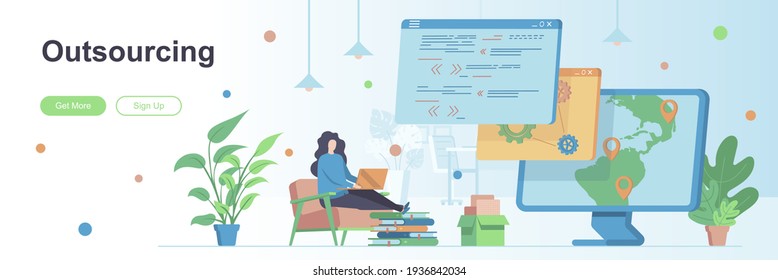 Outsourcing landing page with people characters. Remote workforce web banner. Outsourcing software development service vector illustration. Flat concept great for social media promotional materials.
