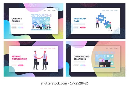 Outsourcing Landing Page Template Set. Businesspeople Working at Huge Puzzle Put Pieces in empty Holes. Business Men Characters Shaking Hands. Outsourced Employees. Cartoon People Vector Illustration