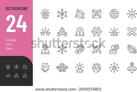 
Outsourcing Line Editable Icons set. Vector illustration in modern thin style of business related icons: company, team, global outsource, and more. Isolated on transparent background.
