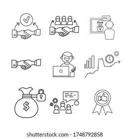 outsourcing line icon set with freelancer, agreement, handshake, distant work