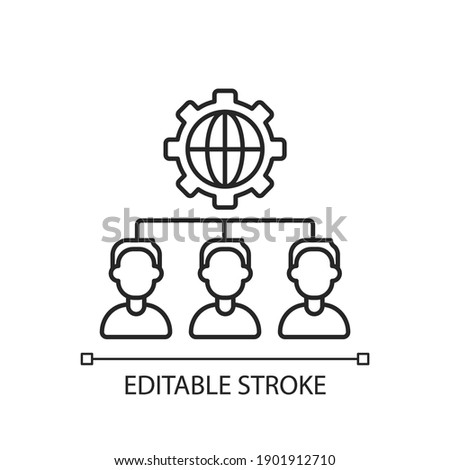 Outsourcing linear icon. Obtaining goods and services from foreign supplier. Business practice. Thin line customizable illustration. Contour symbol. Vector isolated outline drawing. Editable stroke