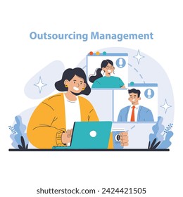 Outsourcing Management concept. Captures the dynamic process of coordinating remote workforces for strategic business functions. Highlights virtual collaboration and global team integration.