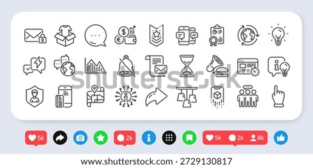 Outsourcing, Map and World communication line icons pack. Social media: share, comment, like icons. Smartphone sms, Time hourglass, Currency rate web icon. Vector