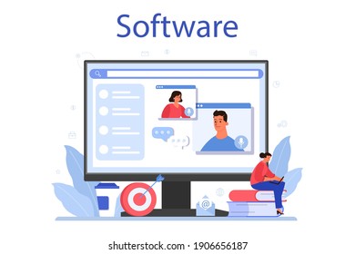 Outsourcing online service or platform. Idea of teamwork and project delegation. Company development and business strategy. Online software. Vector illustration