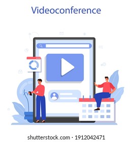 Outsourcing online service or platform. Idea of teamwork and project delegation. Company development and business strategy. Video conference. Vector illustration