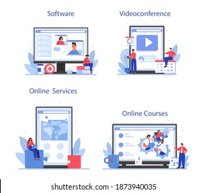 Outsourcing online service or platform set. Idea of teamwork and project delegation. Company development and business strategy. Online course, software, video conference. Vector illustration