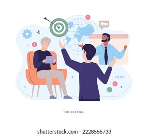 Outsourcing people, remote workers working on project together. Freelance outsourced male employees working on computers at home or coworking space. Freelance job, remote work flat vector