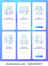 Outsourcing practice blue gradient onboarding mobile app screen set. Walkthrough 3 steps graphic instructions with linear concepts. UI, UX, GUI template. Myriad Pro-Bold, Regular fonts used