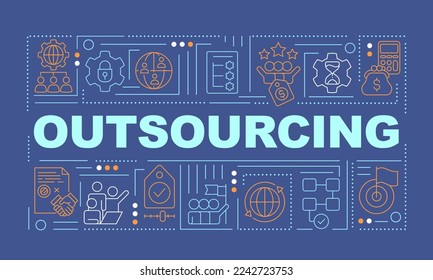 Práctica de subcontratación de conceptos de palabra Banner azul oscuro. Contratación por contrato. Infografía con iconos editables en el fondo del color. Tipografía aislada. Ilustración vectorial con texto. Fuente Arial-Black utilizada