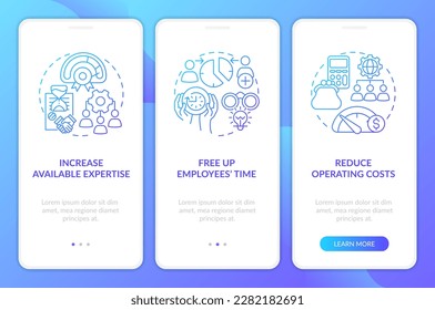 Outsourcing pros for business process blue gradient onboarding mobile app screen. Walkthrough 3 steps graphic instructions with line concepts. UI, UX, GUI template. Myriad Pro-Bold, Regular fonts used