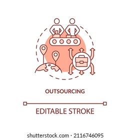 Outsourcing red concept icon. Cheap workforce. Reduce costs. Market economy cons abstract idea thin line illustration. Isolated outline drawing. Editable stroke. Arial, Myriad Pro-Bold fonts used