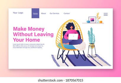 Outsourcing, remote work, home office, self-employment, successful career without leaving home, during global pandemic, study online concept for landing page. Girl sitting in chair working on laptop.