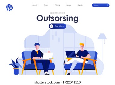 Outsourcing service flat landing page design. Developers working with laptops in armchairs scene with header. Professional and highly qualified outside resourcing. IT development process situation.