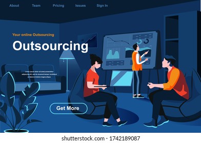 Outsourcing service isometric landing page. Developer and designer working with laptop in office website template. Professional and qualified outside resourcing perspective flat vector illustration.