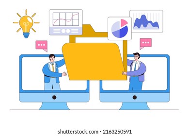 Servicio de subcontratación, transmisión o transferencia de trabajo a otro trabajador, e ilustraciones de conceptos de trabajo remoto o teletrabajo. El jefe del negocio pasa o retransmite el documento de archivo al equipo de subcontrataciones.