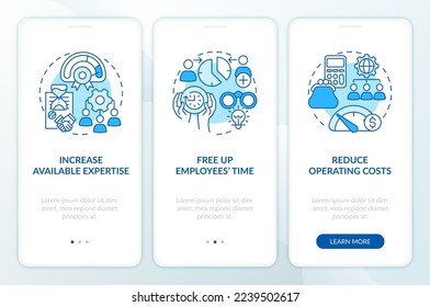 Outsourcing services advantages blue onboarding mobile app screen. Walkthrough 3 steps editable graphic instructions with linear concepts. UI, UX, GUI template. Myriad Pro-Bold, Regular fonts used