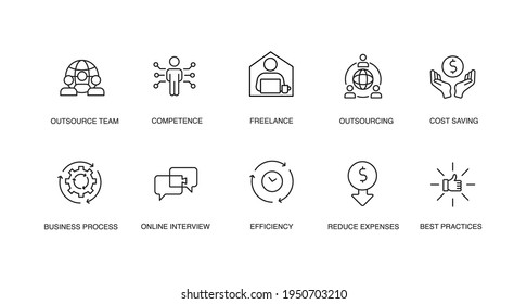 Outsourcing Simple Thin Line Icon Set Vector Illustration. Outsource Team, Competence, Freelance, Cost Saving, Business Process, Online Interview, Efficiency, Reduce Expenses, Best Practices.