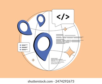 Subcontratar el desarrollo de software con Equipos remotos, colaboración global y rentabilidad. Servicios de gestión de proyectos, ingeniería de software, externalización de TI y desarrollo. Ilustración vectorial