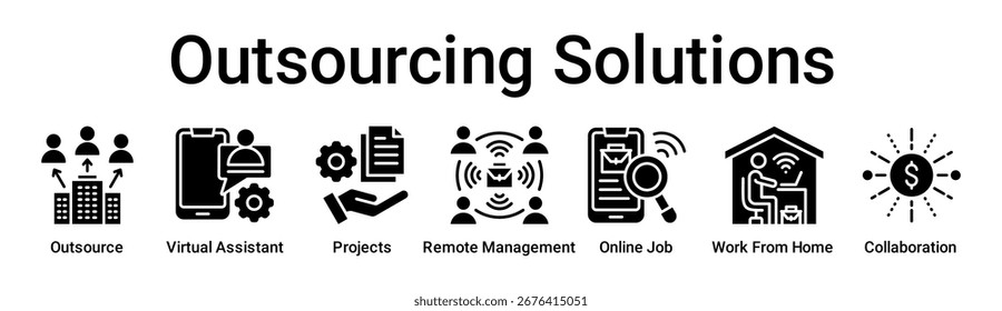 Outsourcing Soluciones Concepto de Ilustración vectorial de iconos de Web de Anuncio para negocios con ícono de Outsource, Asistente virtual, Proyectos, Administración remota, Trabajo en línea, Trabajo desde casa.