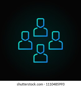 Outsourcing vector blue icon with workers. Concept thin line design element on dark background