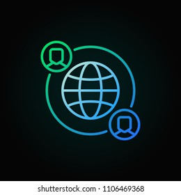 Outsourcing vector bright icon made with earth and people in thin line style on dark background