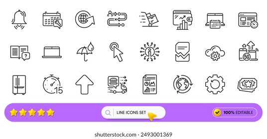 Outsourcing, Web timer and Report document line icons for web app. Pack of Cloud computing, Delivery cart, Laptop pictogram icons. Recovery gear, 5g internet, Calendar signs. Upload. Vector