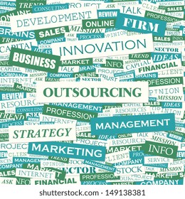 OUTSOURCING. Word cloud concept illustration. Graphic tag collection. Wordcloud collage with related tags and terms. 