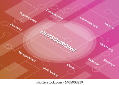 outsourcing words isometric 3d word text concept with some related text and dot connected - vector