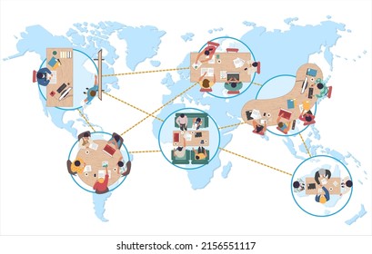 Outsourcing and worldwide connection concept. Distance learning or working around world vector. Student or employee team from different country online course or work remotely