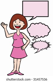 Outspoken Pink Woman : Woman speaking her mind includes various speech balloon styles.