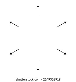 Flechas radiales, radiales, de expansión. Icono de difusión, extensión, propagación y emisión, símbolo