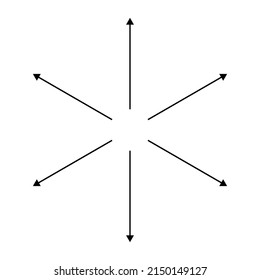 Flechas radiales, radiales, de expansión. Icono de difusión, extensión, propagación y emisión, símbolo