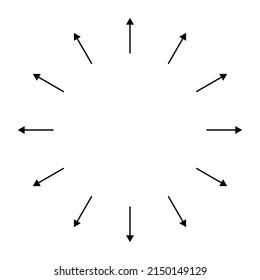 Ausstreuung, radialer, strahlender Pfeile. Symbol für Diffusion, Erweiterung, Ausbreitung und Emission