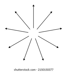 Outspreading, radial, radiating arrows. Diffusion, extension, spread and emission icon, symbol