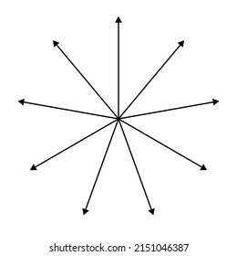 Flechas radiales, radiales, de expansión. Icono de difusión, extensión, propagación y emisión, símbolo