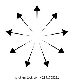 Outspreading, radial, radiating arrows. Diffusion, extension, spread and emission icon, symbol