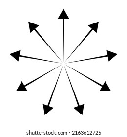 Flechas radiales, radiales, de expansión. Icono de difusión, extensión, propagación y emisión, símbolo