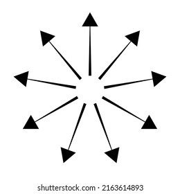 Outspreading, radial, radiating arrows. Diffusion, extension, spread and emission icon, symbol